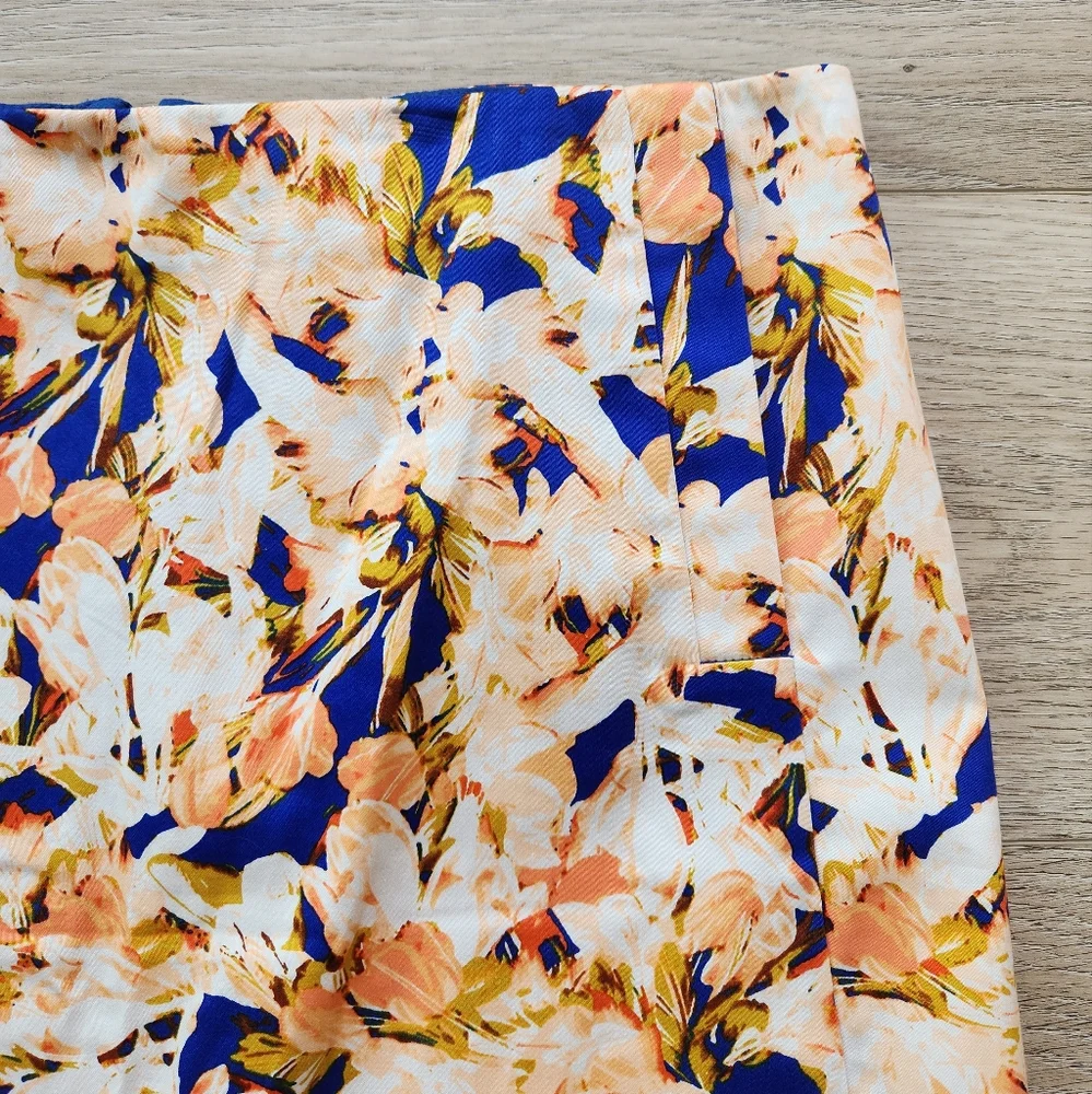 J. Crew Orange Blue Floral Skirt Womens 6 Cotton Business Casual Nwt